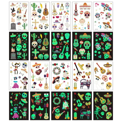 Vista 6 de 10 piezas de 100 tipos de tatuajes temporales luminosos de dibujos animados para niños, esqueletos de azúcar, esqueletos, piedras preciosas, flores
