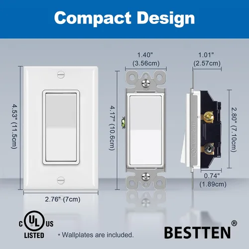 Vista 7 de BESTTEN Paquete de 4 interruptores de luz decorativa de 3 vías con placa de pared, 15 A, 120/277 V, interruptor de paleta basculante de Blanco
