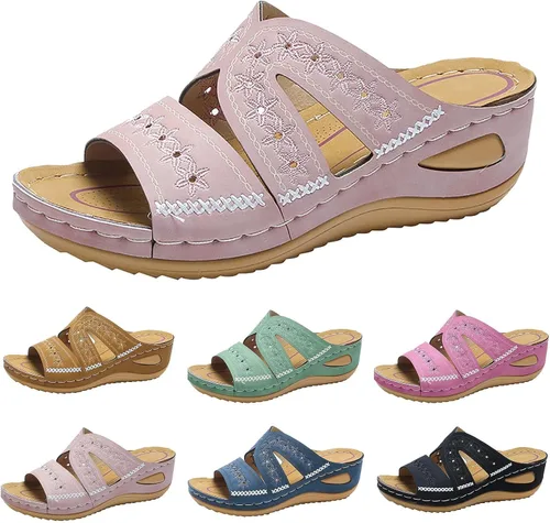 Vista 14 de Sandalias ortopédicas con soporte de arco, sandalias planas para exteriores, estilo bohemio, para caminar, cómodas, elegantes, informales