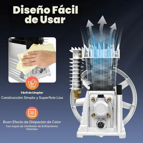Vista 6 de Bomba de compresor de aire, 2HP 6.18CFM, bomba de lubricación de salpicaduras de aluminio de cilindro gemelo de una sola etapa (2HP, 6.18CFM)