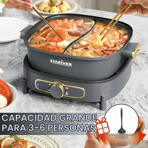 Vista 5 de Stariver Olla Caliente Eléctrica con Divisor, Grande de 6L Antiadherente Olla Eléctrica de Doble Sabor Shabu Shabu, Olla Caliente de 1500W con 3