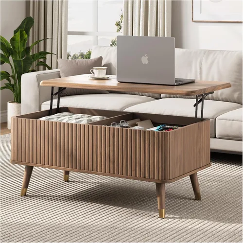 Vista 21 de JOINICE Mesa auxiliar ovalada de 42.5 pulgadas con almacenamiento, moderna mesa central negra con diseño estriado, patas de madera maciza