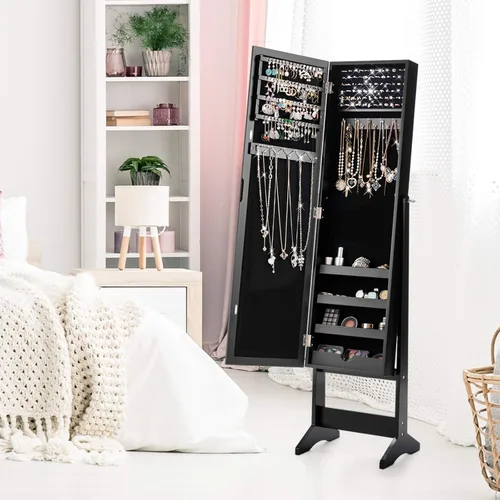 Vista 2 de GOFLAME Gabinete de joyería, organizador de joyas con puerta de espejo de longitud completa, gabinete de espejo de maquillaje de pie, organizador