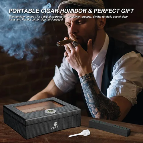 Vista 6 de XIFEI Humidor de puros, textura de fibra de carbono superior de vidrio con higrómetro digital, incluyendo humidificador de puros, divisor, caja