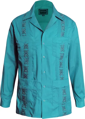 Vista 12 de Guytalk Camisa de boda mexicana de manga larga con botones de guayabera cubana para hombre