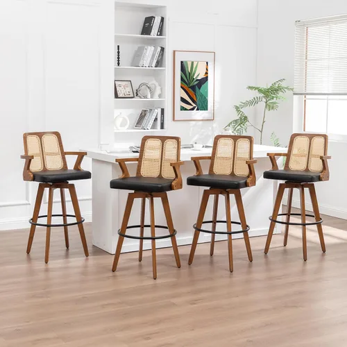 Vista 20 de Juego de 2 Taburetes de Mostrador - Taburetes Giratorios de 27 Pulgadas con Respaldo de Ratán, Brazos Curvos, Asiento Tapizado, Patas de Bambú Nogal