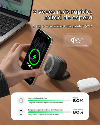 Vista 2 de VRURC Charger for Apple Watch, 3 in 1 Wireless Charging Station, Qi2.2 25W Foldable Travel Charger Dock with 45W Power Adapter for iPhone