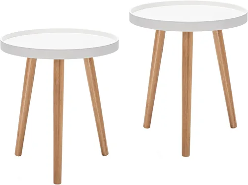 Vista 10 de Mesa auxiliar redonda, mesa auxiliar moderna con bandeja de madera anticaída, mesa de centro redonda para sala de estar, dormitorio, color blanco (1)
