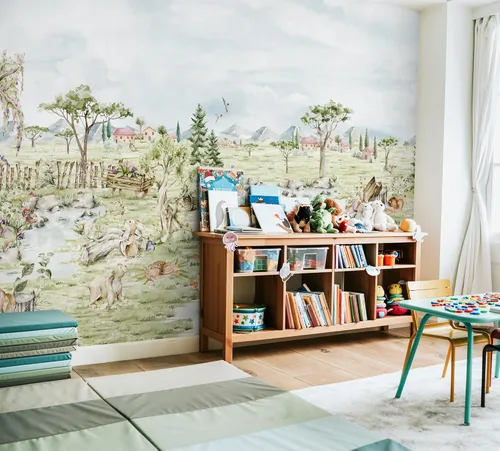 Vista 3 de Murwall Kids Woodland Animals Wall Mural Watercolor Village Wallpaper for Toddler Room Nursery Nature Wallpaper