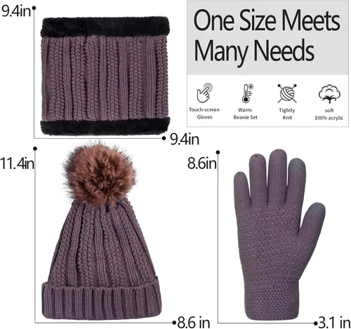Vista 6 de Conjunto de bufanda de invierno para mujer, gorro de forro polar, bufandas para pantalla táctil, 3 en 1