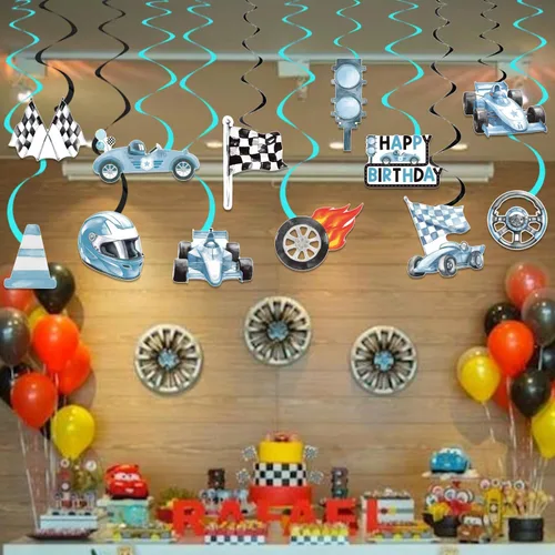 Vista 6 de Remolinos colgantes de cumpleaños de coche de carreras, 20 unidades, decoración de fiesta de autos de carreras, banderas a cuadros, serpentinas