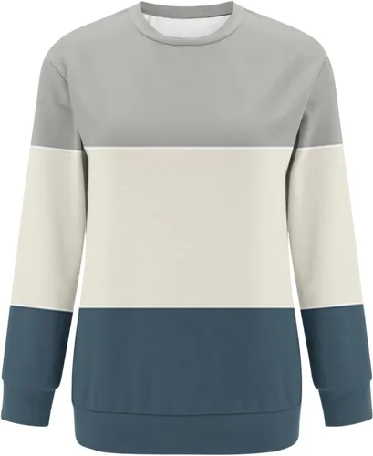 Vista 2 de Camisas casuales de manga larga para mujer, con bloques de colorlisas, cuello redondo, lindas sudaderas de ajuste holgado con bolsillos