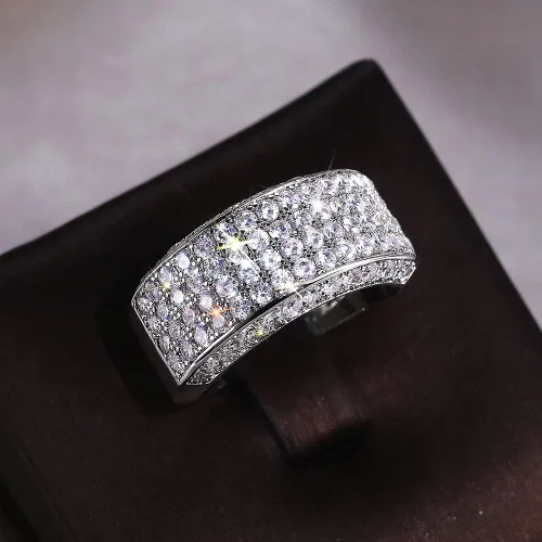 Vista 5 de Anillo de plata de ley 925 brillante con diamantes de circonita cúbica, anillo de múltiples filas, anillo de compromiso de eternidad, anillo de boda