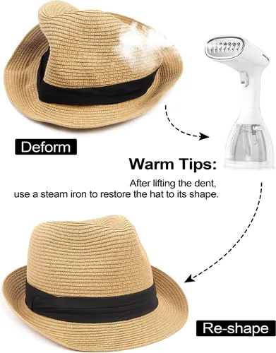 Vista 7 de Zylioo Sombreros de paja XXL de gran tamaño, sombreros Panamá de ala corta grande y alta, sombrero de trilby cubano de verano enrollable