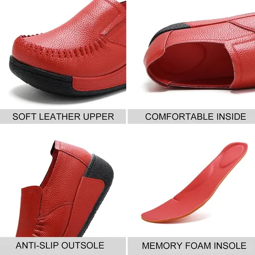 Vista 8 de UZB Mocasines de cuero sin cordones para mujer, cómodos zapatos de plataforma casuales