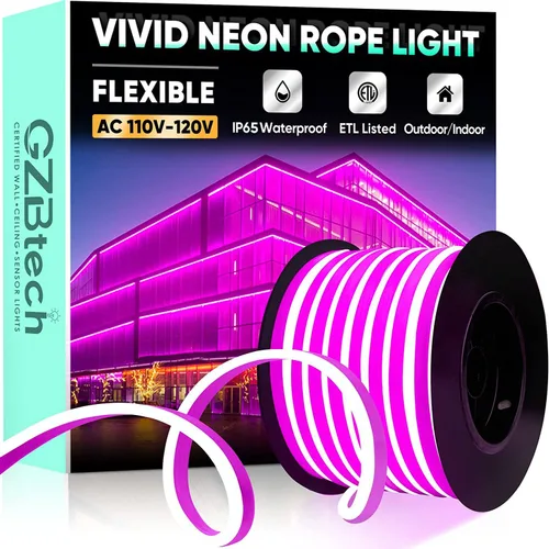 Vista 26 de GZBtech Tira de luces LED flexibles de neón de 16.4 pies, tira de luz impermeable CA de 110-120 V, 120 LEDs/M, iluminación de neón conectable