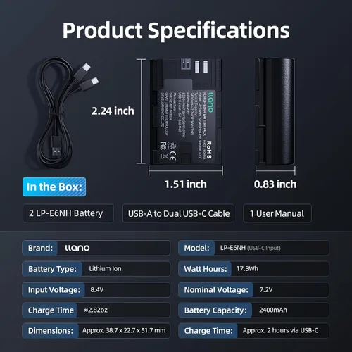 Vista 9 de llano Paquete de 2 baterías de iones de litio recargables LP-E6NH LP-E6