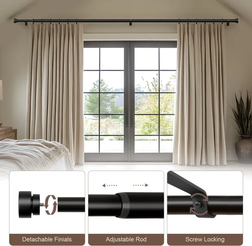 Vista 5 de Lootkell Barras de cortina modernas negras para ventanas de 16 a 28 pulgadas, longitud ajustable, resistente, 1 pulgada de diámetro, barra