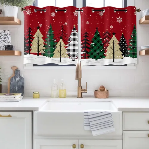 Vista 7 de Libaoge Cortinas de Navidad para cocina, dormitorio, juego de 2 paneles, diseño de muñeco de nieve de Navidad, cortinas de invierno con copos