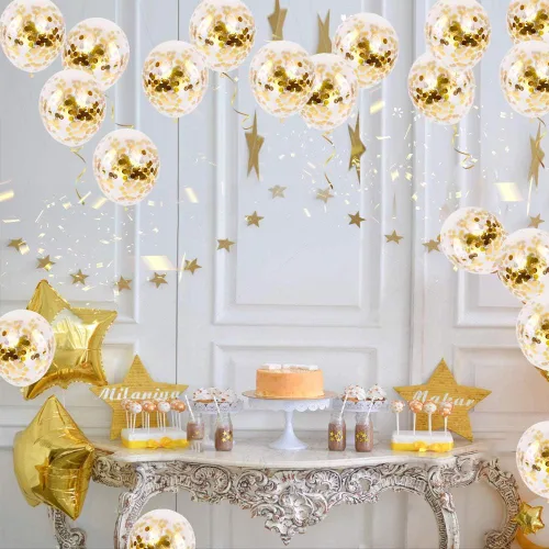 Vista 6 de 50 globos de látex de confeti dorado, globos dorados de 12 pulgadas con puntos de papel dorados para decoraciones de graduación, boda, fiesta