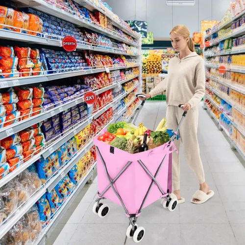 Vista 2 de GOFLAME Carrito de compras plegable con ruedas, carrito de comestibles impermeable con cubierta extraíble y ruedas giratorias de 360°, carrito Rosa