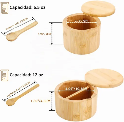 Vista 2 de Cuenco de bambú natural para sal y pimienta, bodega de sal de bambú y caja de almacenamiento de especias con cuchara integrada y tapa giratoria