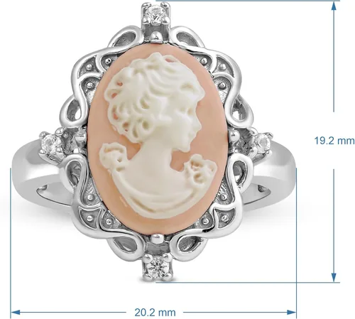 Vista 2 de Jewelili Anillo camafeo rosa en plata de ley con zafiro blanco redondo, Metal, Cameo