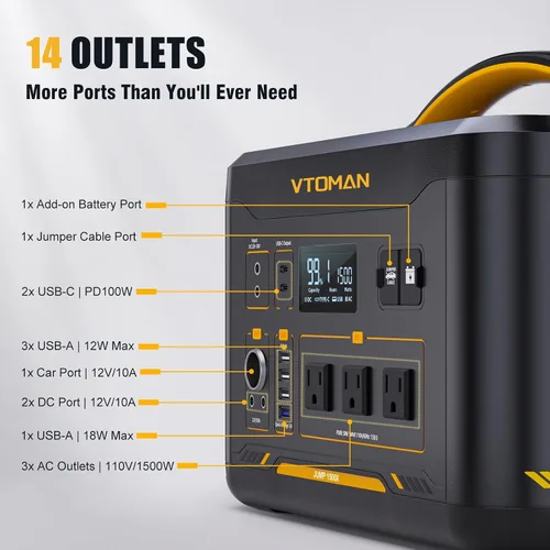 Vista 5 de VTOMAN Jump 1500X - Estación de Energía Portátil con Cables de Puente, Batería LiFePO4 de 828Wh, Generador Solar y Arrancador de Batería