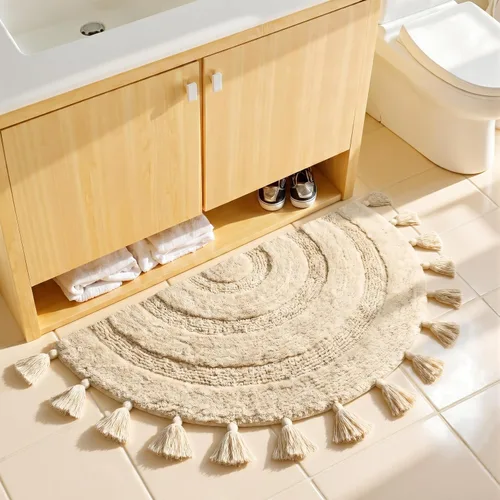 Vista 8 de KOEXM - Alfombra de baño de medio círculo con borlas, 100% algodón Alfombras de baño tejidas a mano, antideslizantes, absorbentes, lavables a