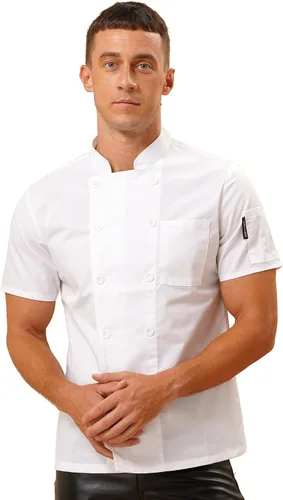 Vista 2 de JanJean Chaqueta de chef clásica unisex para hombres y mujeres, chaqueta de chef ligera de manga corta para cocinar, camisa de uniforme, B03