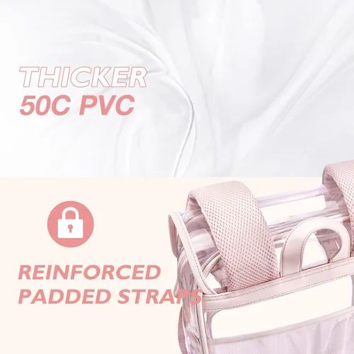 Vista 3 de mommore Mochila transparente de PVC grueso resistente con ribete de cuero de gran capacidad transparente, Rosado