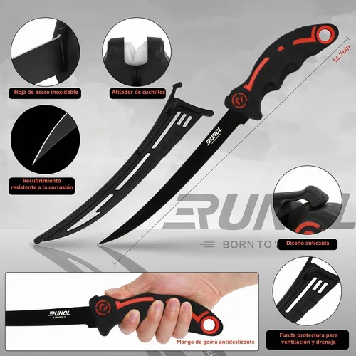 Vista 3 de RUNCL - Juego de herramientas de pesca de 4 piezas, alicates de pesca, cuchillo de filete de pescado con afilador, pinza de labios de pescado