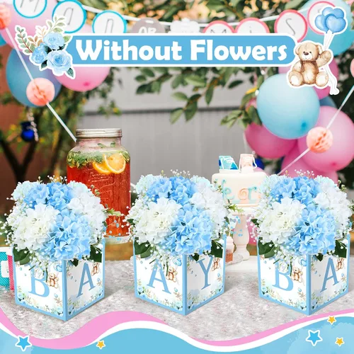 Vista 4 de Bucherry - 6 cajas de centro de mesa de baby shower con letras de "bebé", cajas de flores, decoración de mesas para baby shower, cumpleaños, Azul