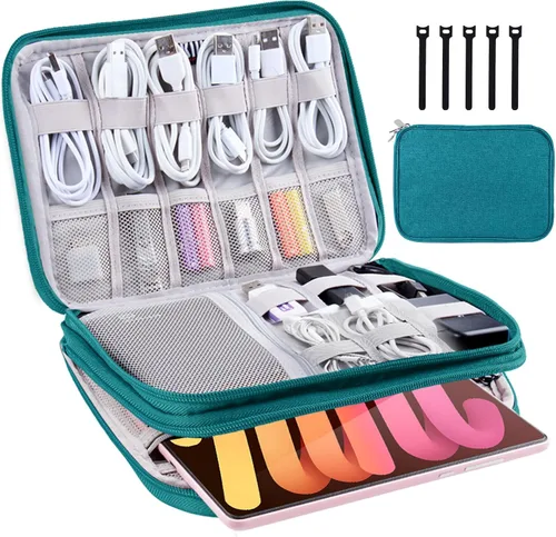 Vista 12 de Organizador de artículos electrónicos, estuche de viaje, organizador de cables, accesorios de viaje, esenciales para mujeres y hombres, bolsa A-Negro