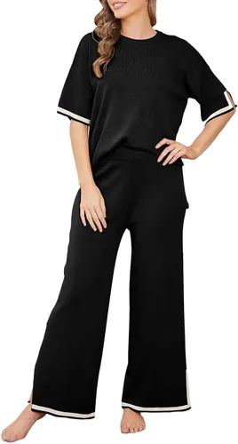 Vista 2 de Lviefent Conjunto de 2 piezas para mujer, suéter de punto de manga corta, pantalones de pierna ancha, sudadera