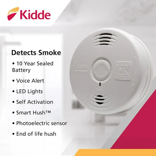 Vista 2 de Kidde Detector de humo, batería de 10 años, alarma de humo con sensor fotoeléctrico, blanco