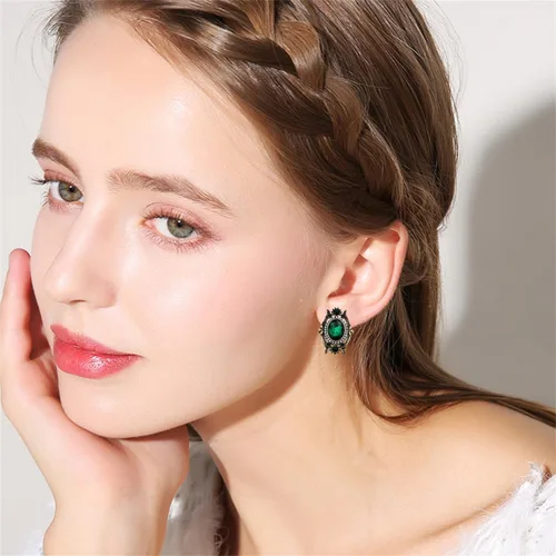 Vista 2 de Vintage Green CZ Stud Earrings for Women Antique Gold-Toned Cubic Zirconia Oval Crystal Shell Pearl Drop Studs Earring Boho Victorian Style Hollow