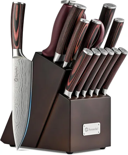 Vista 9 de Sunnecko Juego de cuchillos con bloque y afilador, juego de bloque de cuchillos de cocina de 15 piezas, cuchillos de cocina afilados, acero Negro
