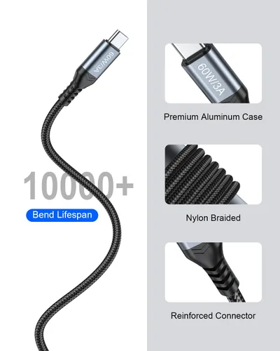Vista 6 de Cable USB C a USB C de 20 pies (solo carga), cable de carga tipo C extra largo de 20 pies, cable de alimentación de carga rápida trenzado de nailon