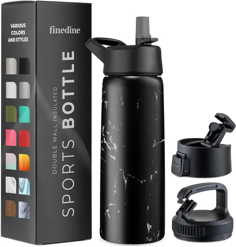 Vista 17 de FineDine Botellas de agua aisladas de triple pared con popote, botella de metal de acero inoxidable de 25 onzas con 3 tapas a prueba de fugas