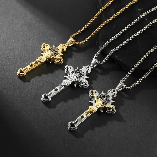 Vista 2 de Collar con colgante de cruz de oración del Señor de acero inoxidable con crucifijo de Jesucristo y versículo bíblico para hombresniñosmujeres