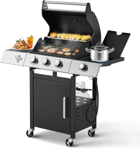 Vista 11 de MELLCOM Plancha de gas para exteriores de 3 quemadores de 30000 BTU con tapa (estante lateral), plancha portátil de superficie plana de 28 pulgadas