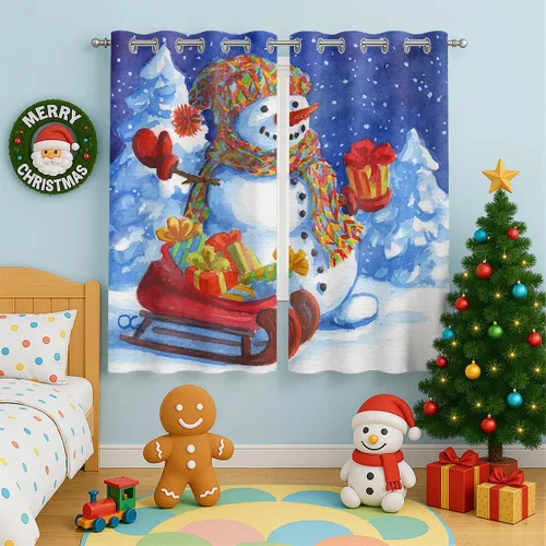 Vista 4 de Cortinas opacas de muñeco de nieve de Navidad para niñas y niños, decoración del hogar, invierno, Papá Noel, trineo, regalo, con ojales, aislamiento