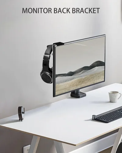 Vista 5 de Soporte trasero de monitor para auriculares, no necesita adhesivo, organizador de escritorio que ahorra espacio, compatible con diferentes monitores