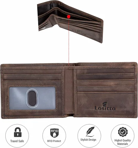 Vista 2 de Lositto Cartera de cuero de grano superior con bloqueo RFID para hombres, excelente como plegable de viaje