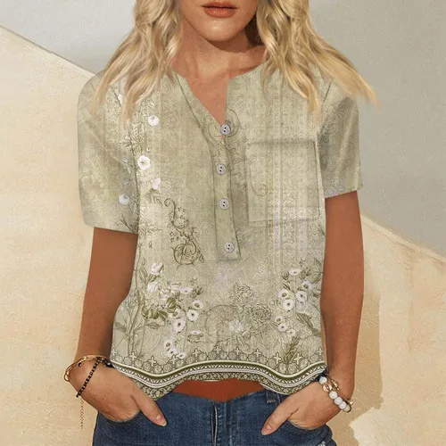 Vista 2 de Camisetas casuales Henley con botones para mujer, con bolsillo, manga corta, estampado geométrico, cuello en V, ropa de verano