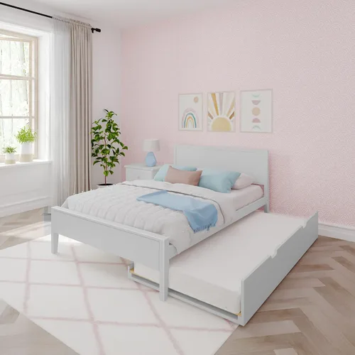 Vista 6 de Max & Lily Cama individual con nido, marco de cama individual de madera maciza con cabecera de panel, cama individual para niños con soporte de Nuez