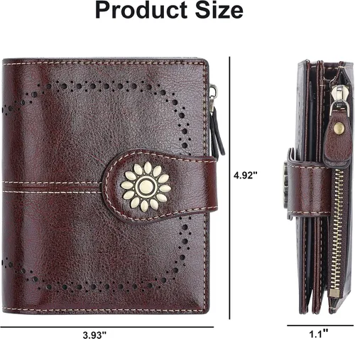 Vista 6 de Lavemi Cartera de cuero para mujer, pequeña, compacta, con bloqueo RFID, con bolsillo con cremallera