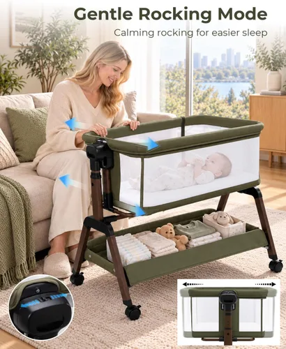 Vista 2 de Cuna de bebé 5 en 1, cama de noche con balanceo suave, 7 alturas, verde