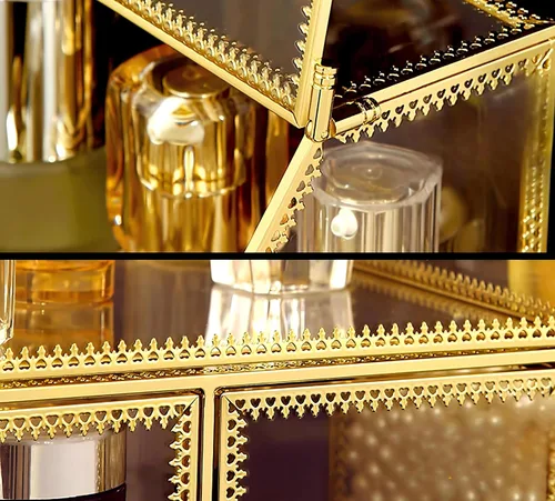 Vista 4 de Organizador de maquillaje de vidrio grande con cajón, juego de almacenamiento de belleza, organizador de mostrador de baño, exhibición de cosméticos
